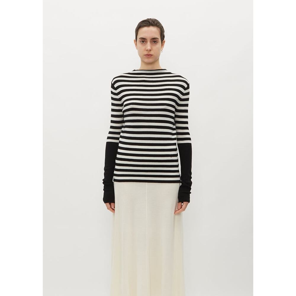 MARIA MCMANUS Mock Neck Merino Wool Black White Stripe Sweater Sz S